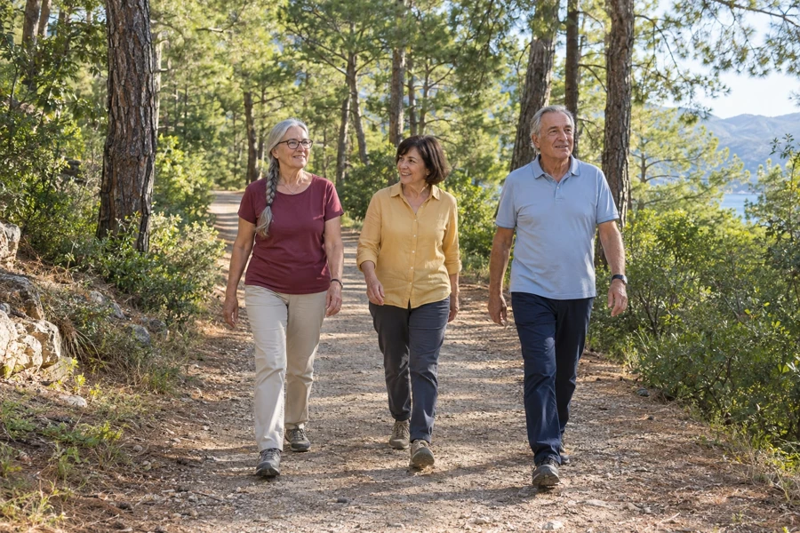 Friends walking together among the trees