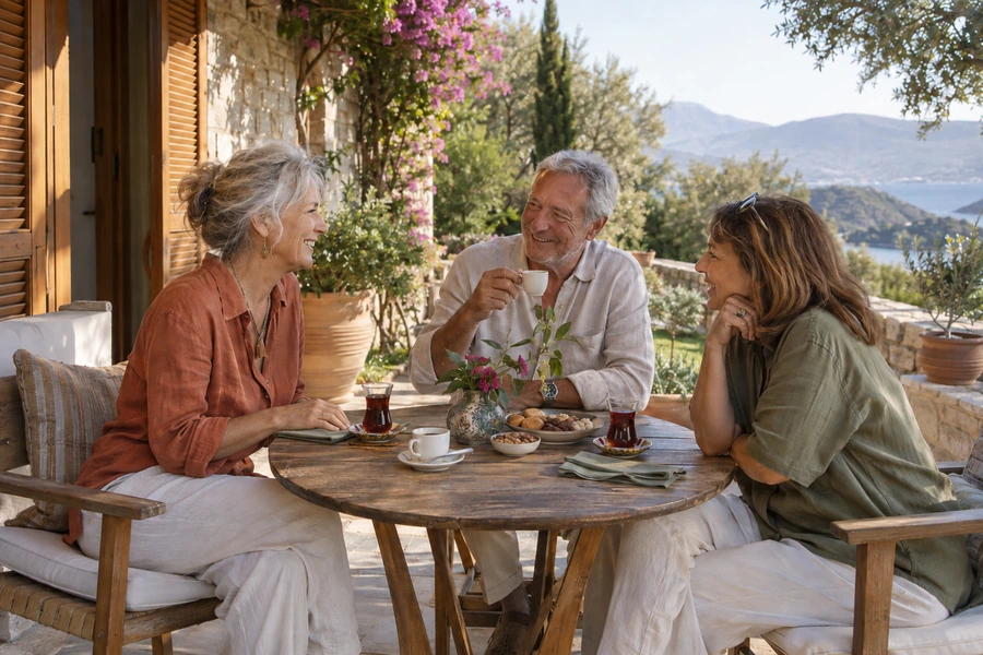 Three friends sharing tea and conversation on a villa terrace